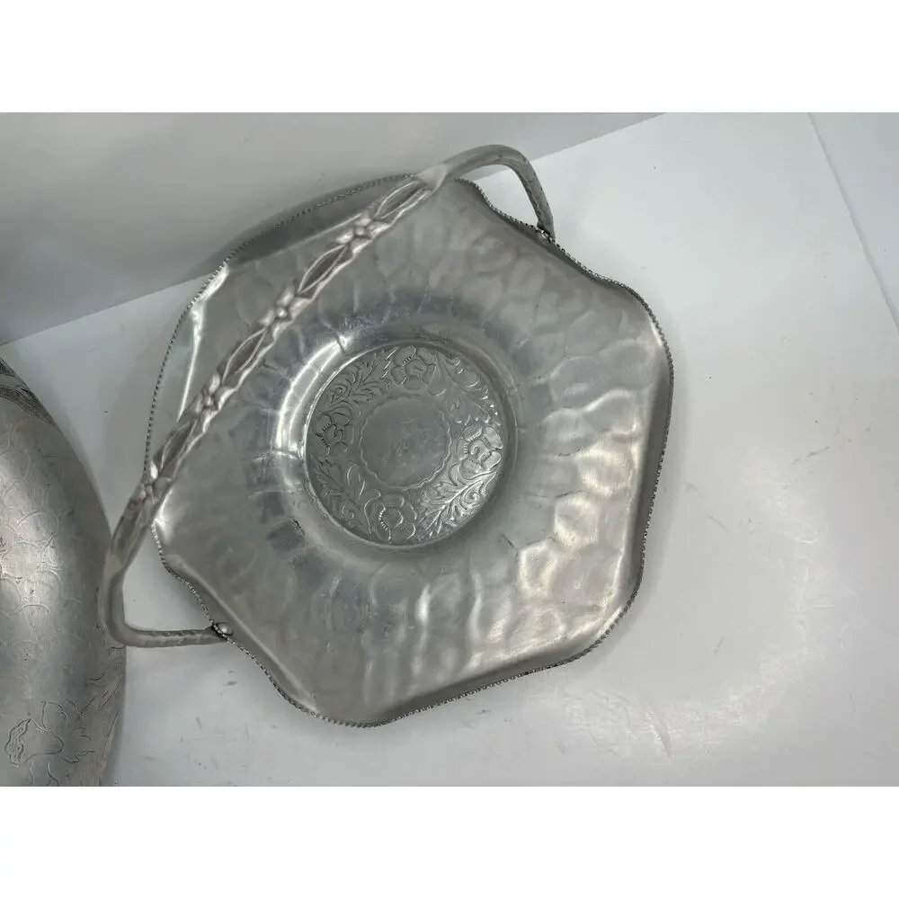 Lot Of 3 Vintage Embossed Aluminum Serving Pieces Tray Bowl Basket Mid Century